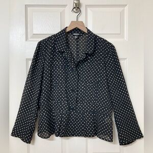 DKNY Womens 100% Silk Sheer Black Tan Polka Dot Long Sleeve Blouse 16 Retro Chic